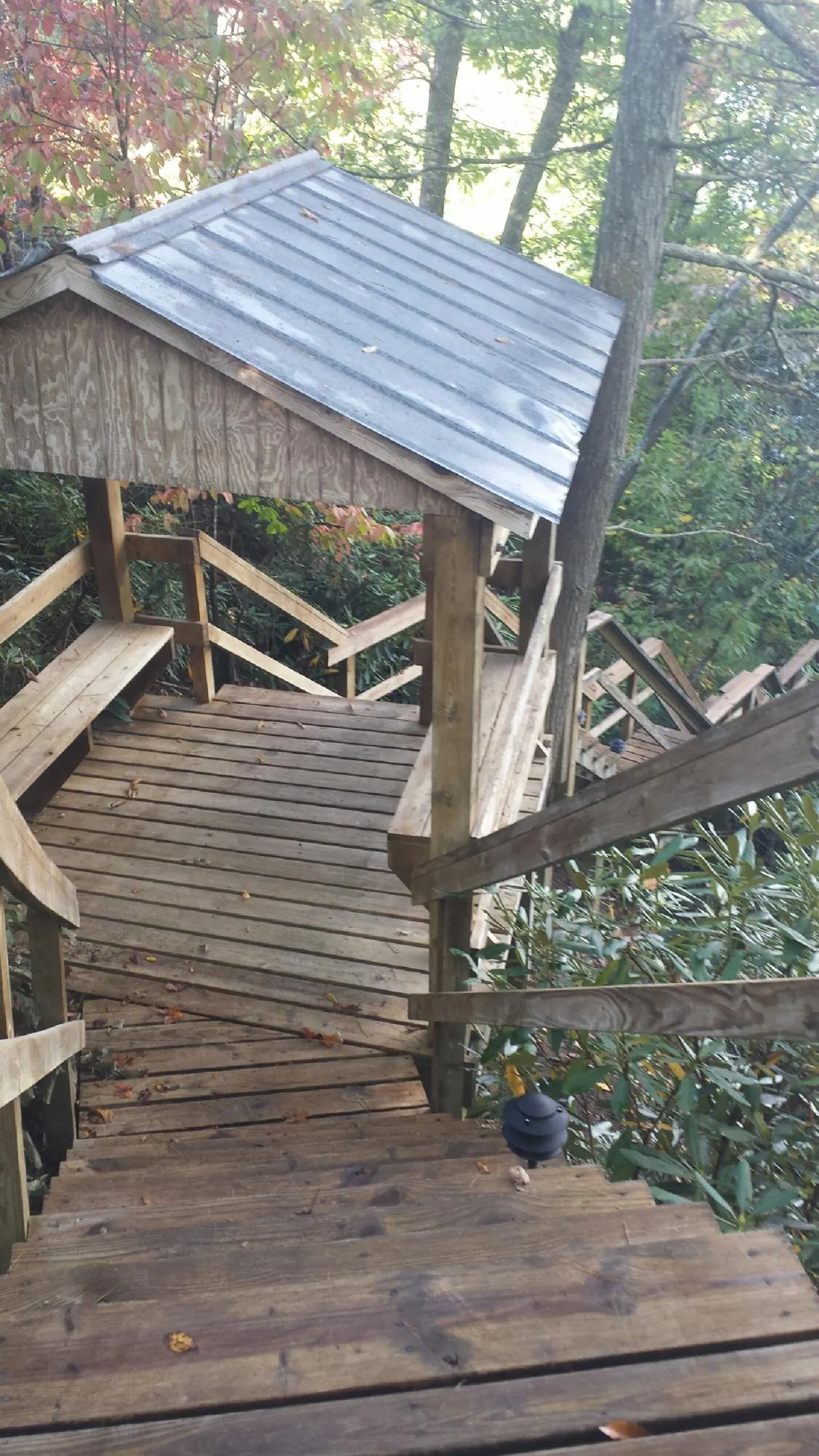 Metal roofed shelter over wooden steps on a wooded walkway — Skylight Repair & Installation work by our crew in Mc Dade